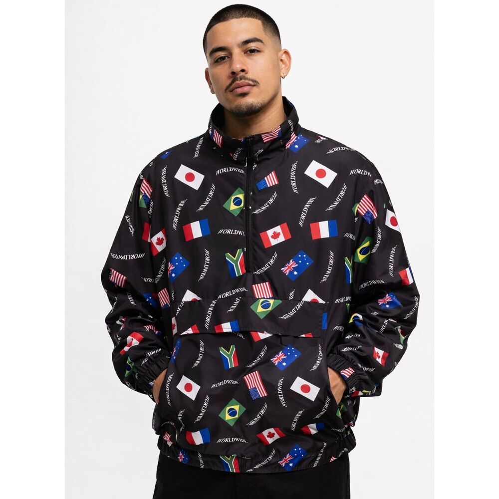Forever 21 Men's 1/4 Zip Windbreaker with Multicolor Flag Accents - Size Medium